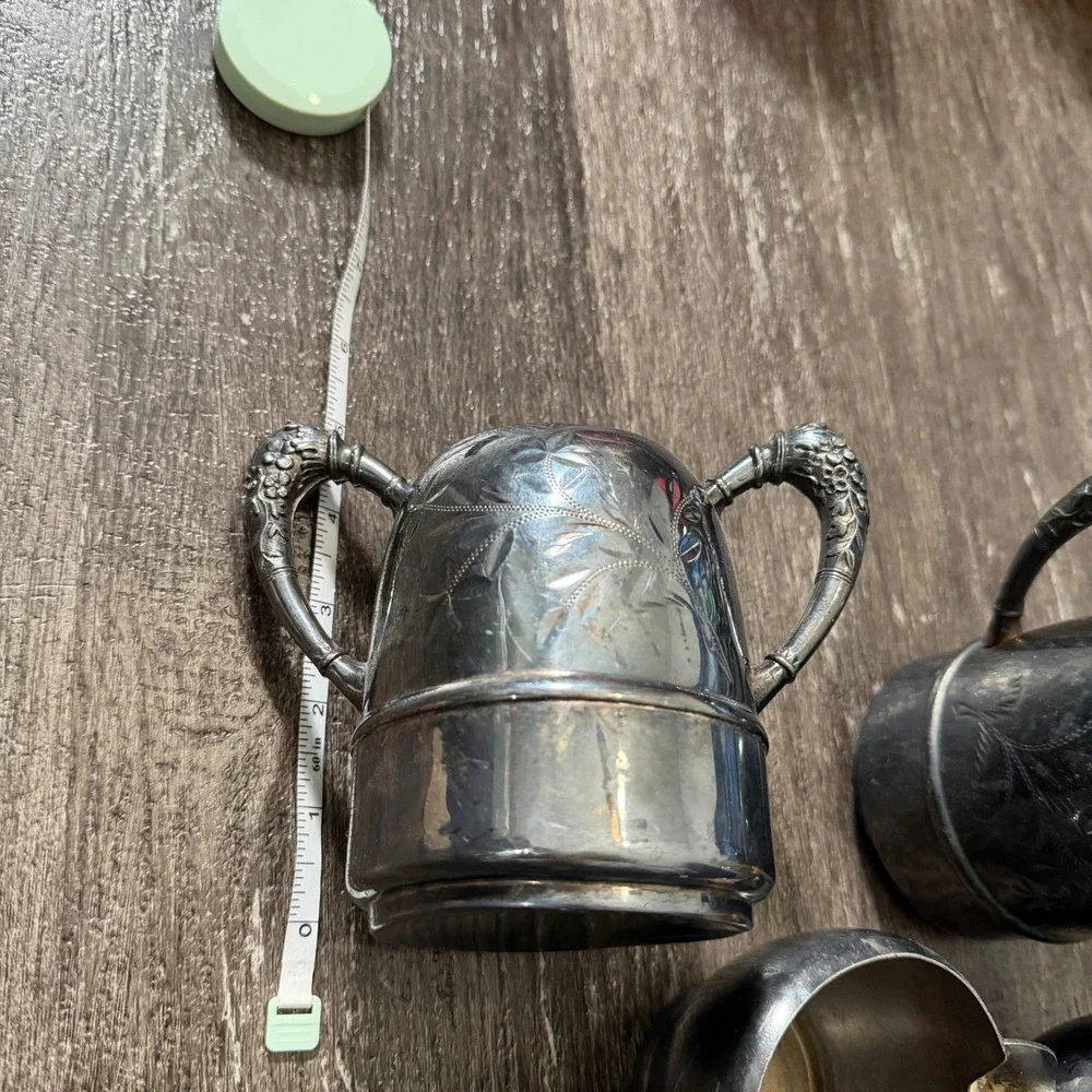 Vintage‎ Silver Plated Creamer and Sugar Bowl Set Ornate Handles Floral Etching